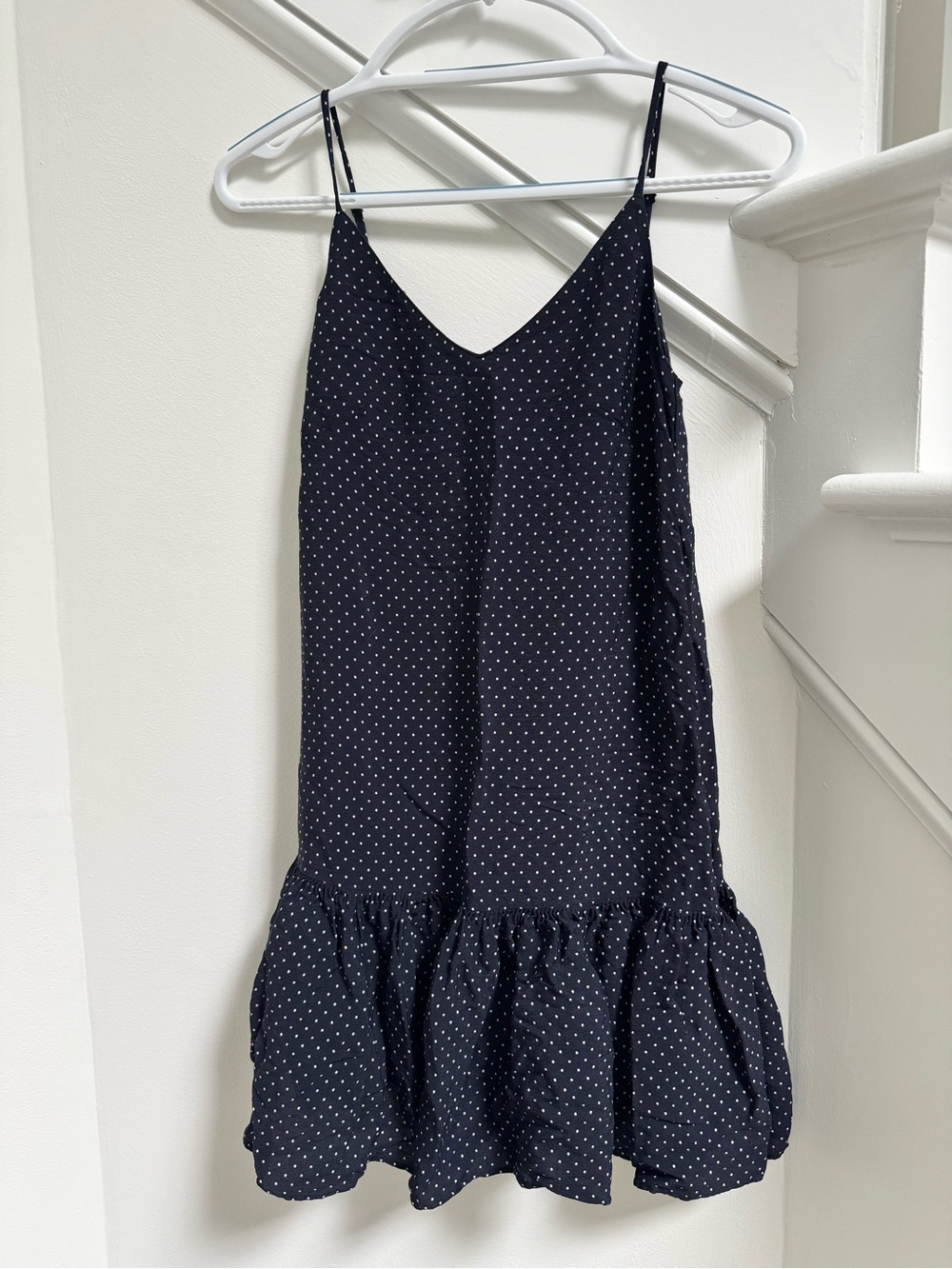Loft Navy Polka Dot Spaghetti Strap Ruffle Dress